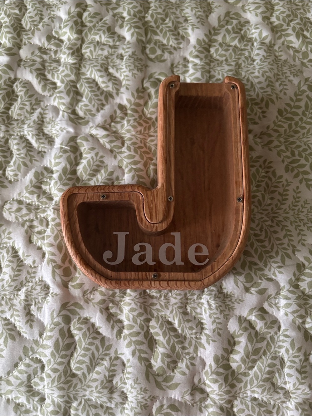 Drapela Works Letter Bank J  'Jade'  Natural Brown Coin Piggy Bank